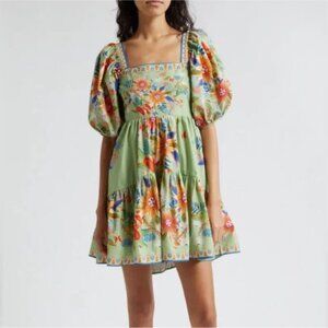 NWT FARM Rio Bright Yard Ruffle Hem Puff Sleeve Minidress